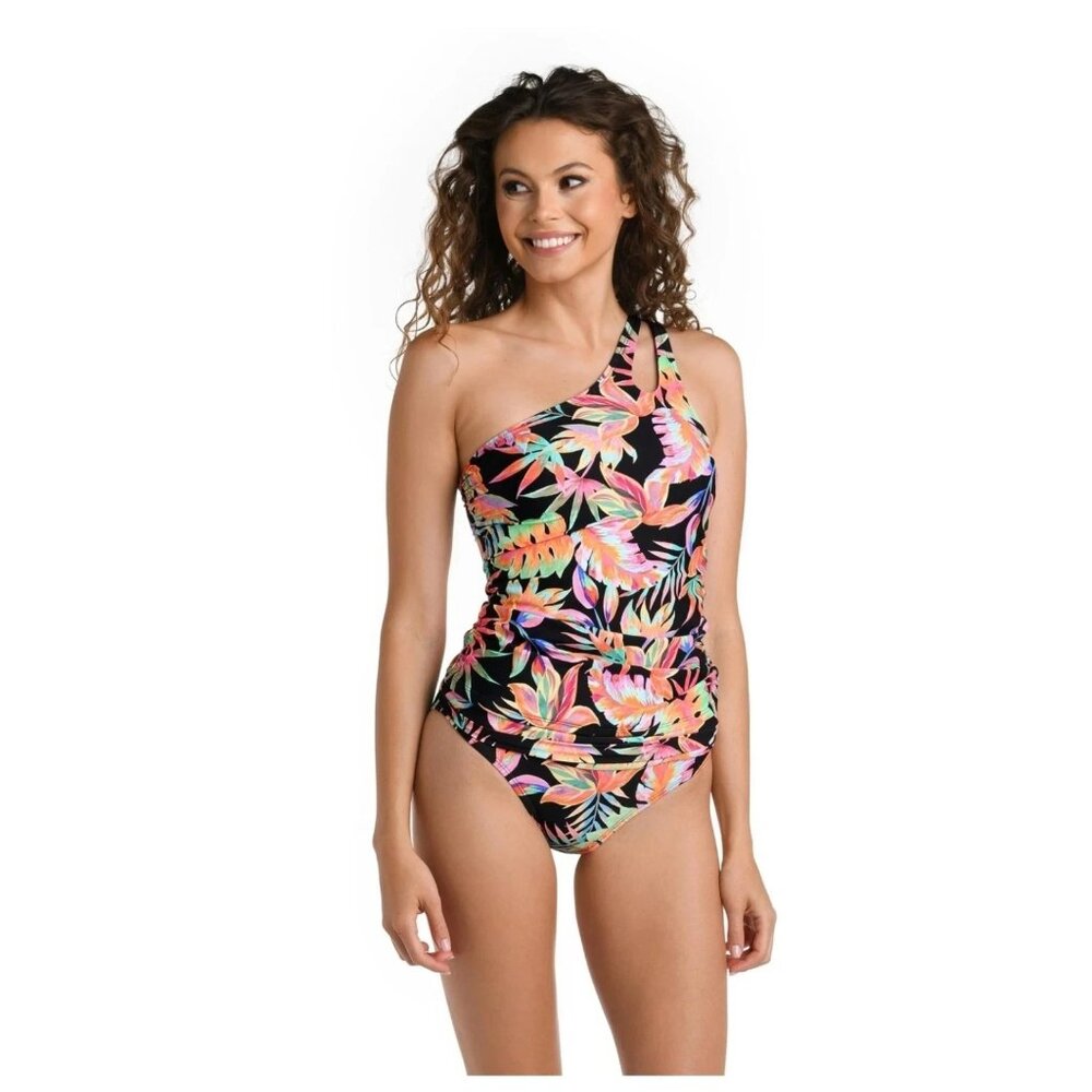 La Blanca Women's One Shoulder Keyhole Tankini Swimsuit Top 4 Black Best Escape
